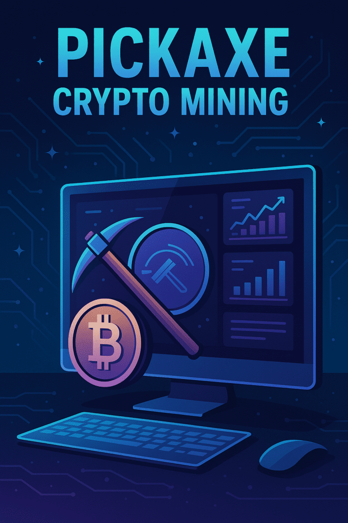 Futuristic Pickaxe Crypto Mining concept with virtual NFT dashboard and crypto rewards