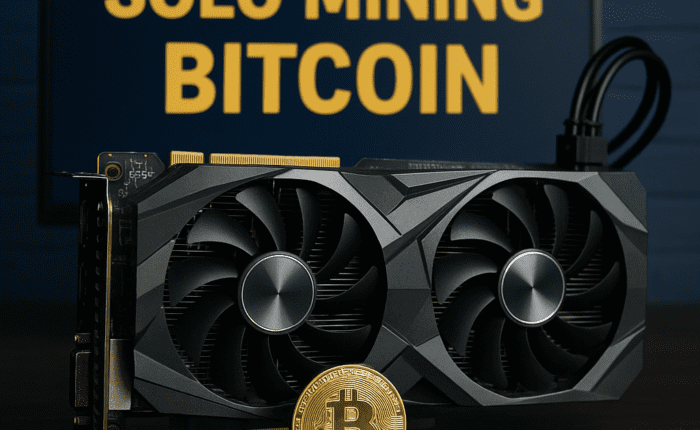 Solo mining Bitcoin GPU rig with glowing graphics cards and Bitcoin logo