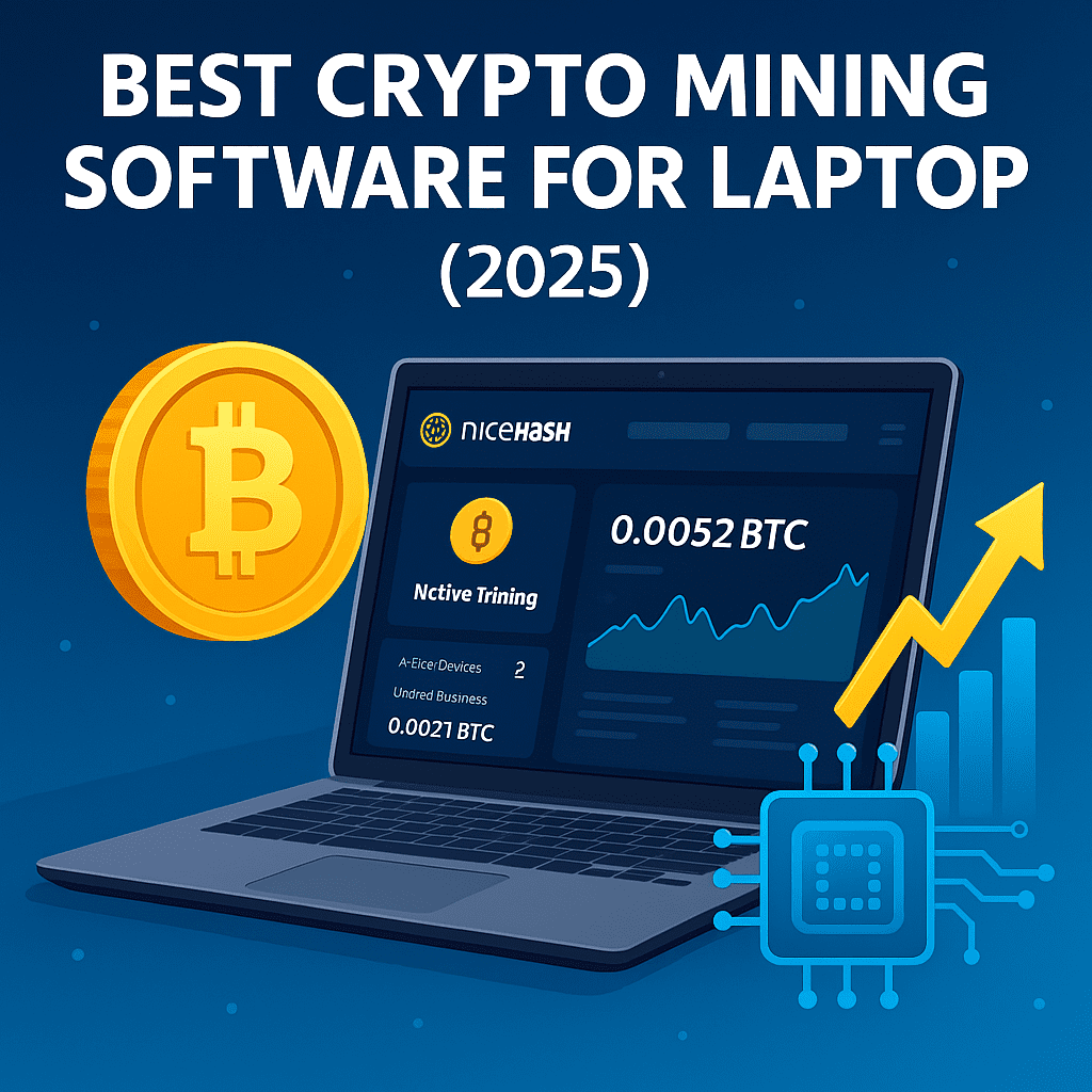 Illustration of the best crypto mining software for laptops in 2025 showing a futuristic digital dashboard interface"