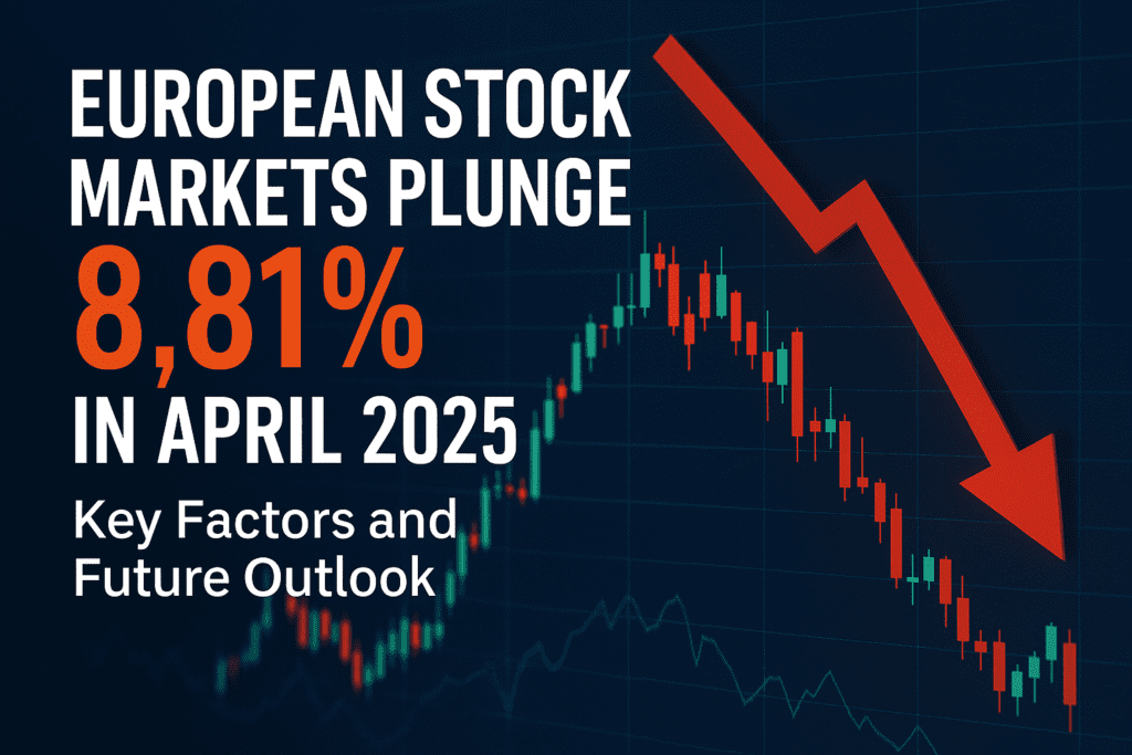 Digital graphic showing the European stock market decline of 8.81% in April 2025 with data charts and economic indicators